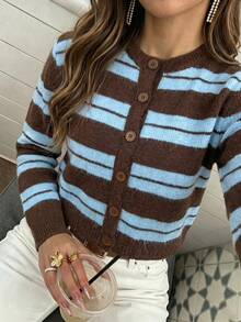 Women's Casual Striped Contrast Color Cardigan Sweater, Suitable For Leisure, Vacation, Daily Dates, Autumn/Winter - Multicolor - View 1