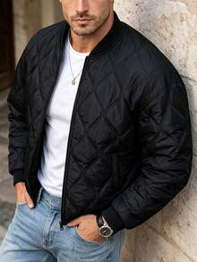 Men's Diamond Quilted Aviator Jacket, Ribbed Baseball Collar Zip-Up Lightweight Padded Outerwear, Casual Long Sleeve Jacket Suitable For Autumn/Winter Daily Wear - Black - View 1