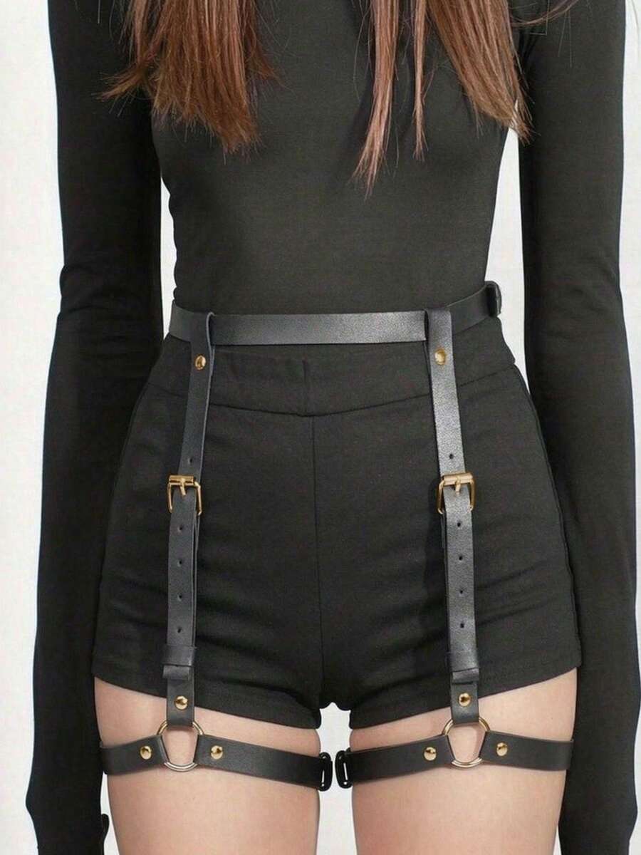 1件裝女款性感黑色哥德風時尚腿部束帶式吊帶，適合夜店、舞蹈、暗黑美學或派對個性穿搭