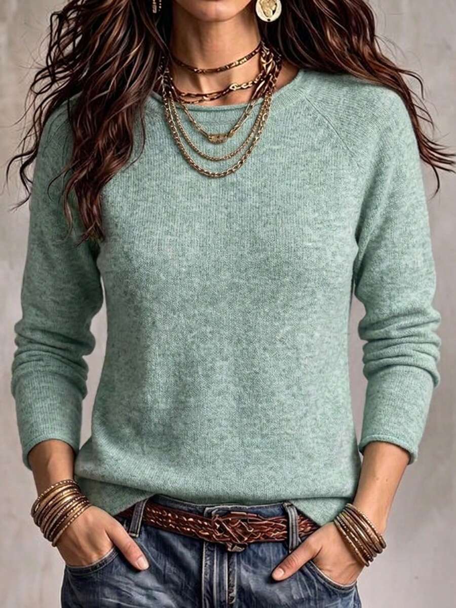 Women's Mint Green Speckled Knit Pullover Sweater With Raglan Sleeves, Rolled Round Neck, Loose Relaxed Fit, Layering Inner Top Fall - Mint Blue - View 1