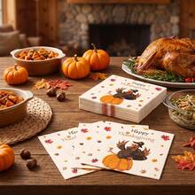 20/40/60pcs Thanksgiving Disposable Paper Napkins, 2-Ply Cartoon Turkey Pumpkin Maple Leaf Print Party Napkins, Suitable For Friendsgiving Party, Autumn Harvest Celebration, Baby Shower, Bridal Shower, 6.5*6.5 Inches - Multicolor - View 7