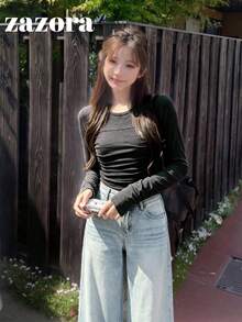 Korean Style Slim Fit Elastic Slimming Long Sleeve Inner Layer/Standalone T-Shirt For Women, Early Autumn - Grey - View 8