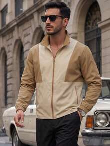 Men's Cargo Style Style Colorblock Stand Collar Jacket, Khaki Contrast Cuffed Sleeve Casual Versatile Spring/Autumn Jacket - Khaki - View 1