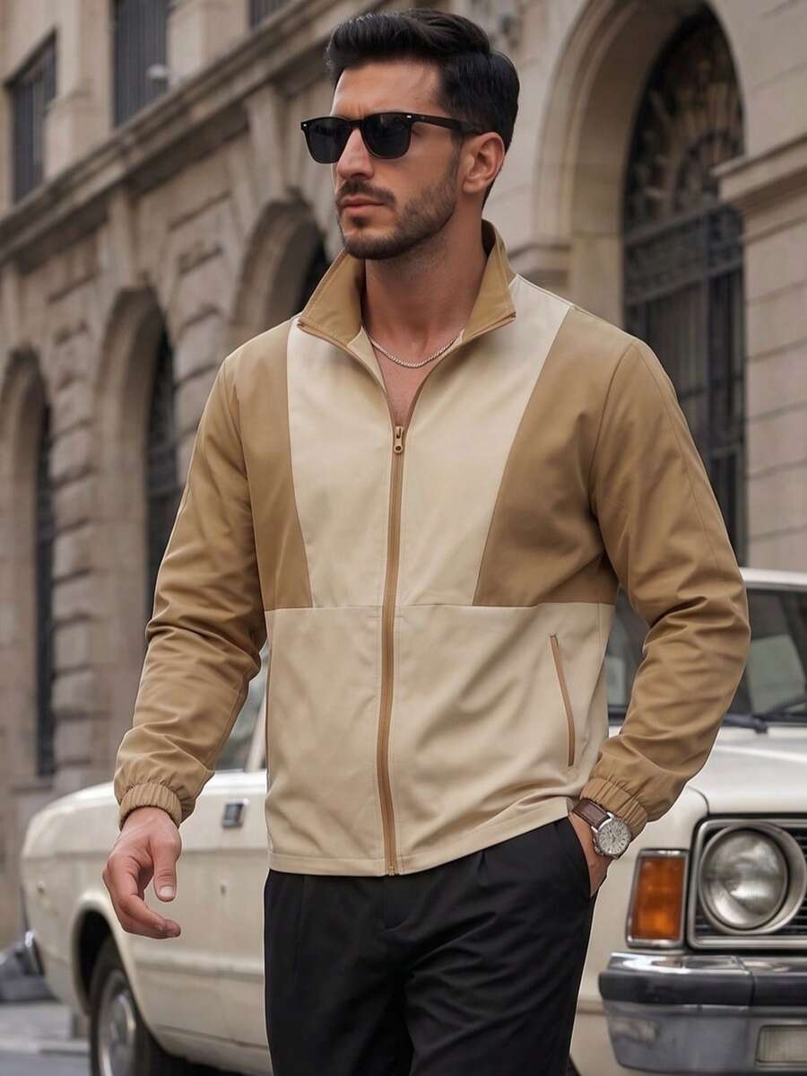 Men's Cargo Style Style Colorblock Stand Collar Jacket, Khaki Contrast Cuffed Sleeve Casual Versatile Spring/Autumn Jacket - Khaki - View 1