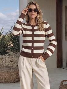 NiceArt Cardigan Wanita Motif Garis Cokelat-Krem Musim Gugur/Dingin, Jaket Sweater Lengan Panjang dengan Kerah Bulat dan Kancing Depan, Cocok untuk Pakaian Sehari-hari dan Kencan - Coklat - View 3