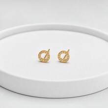 1 Pair Gold Hollow Circle Rhinestone Stud Earrings, Korean Style Lightweight Luxury Small Hoop Sparkling Earrings For Daily Commute - Gold - View 3