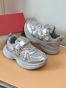 Children's Mesh Chunky Sneakers With Colorful Floral Accents, Hook & Loop Closure, Easy On/Off, Campus Daily Wear Sneakers - Grey - View 2