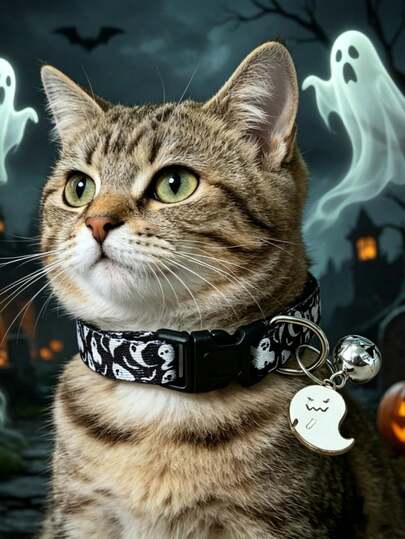 Halloween Pumpkin & Black Cat Print Cat Collar, Polyester Adjustable Collar With Spooky Pattern, Suitable For Small Cats Holiday Accessory