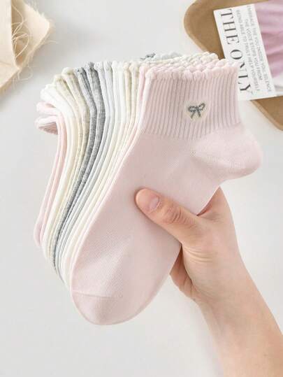 10/5 Pairs Women's Cute Sweet Breathable Heart & Bow Pattern Short Invisible Boat Socks, Ankle Socks And Short Socks, White And Pink, Preppy Style, Suitable For Daily Casual Wear, All Seasons, Fashionable