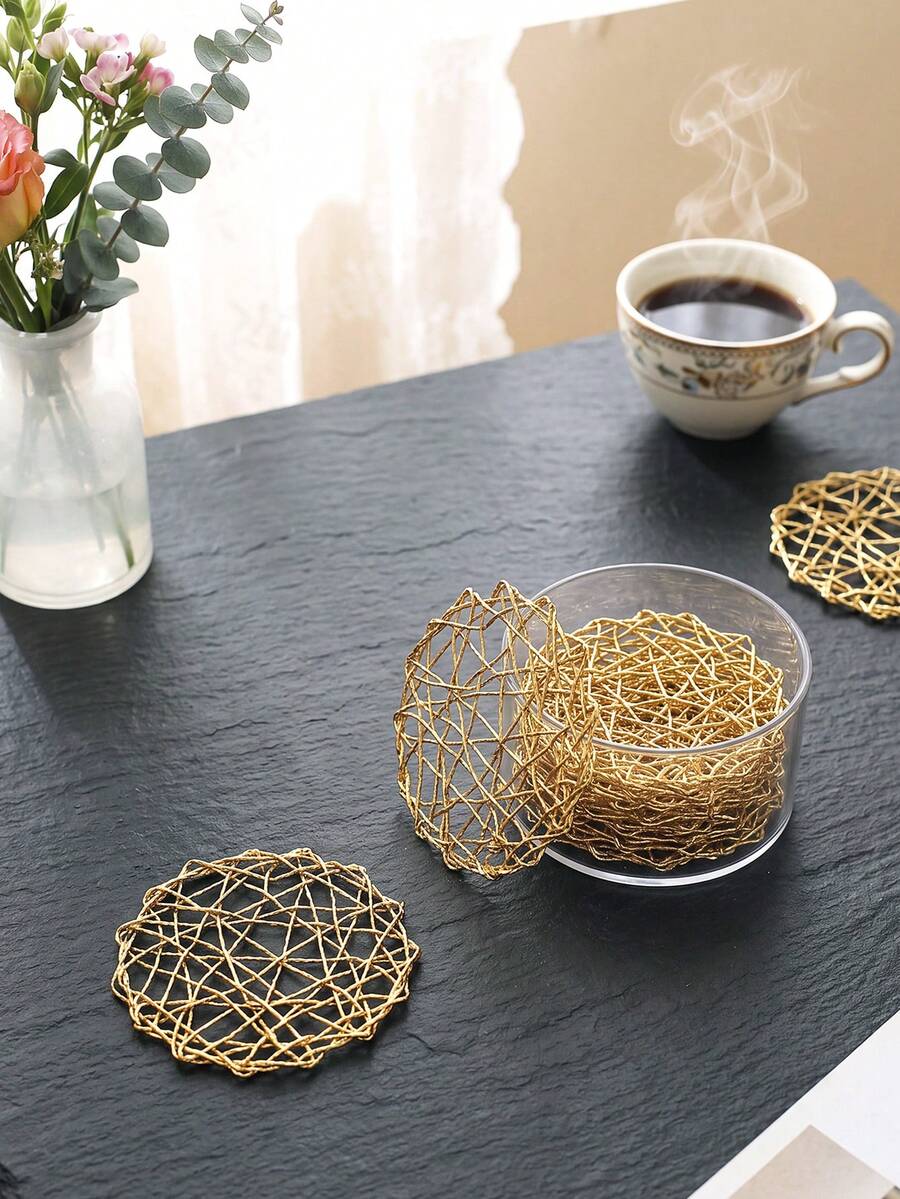 6pcs Shiny Gold Hollow Woven Placemats, PVC Material Round Coffee Cup Coasters, Washable, Easy To Clean, Wipeable, Non-Slip, Heat Resistant, For Room Decor, Home Dining Table Decor, Home Decor, Suitable For Holidays, Parties, Birthdays, Weddings And Dinner Parties - Multicolor - View 1
