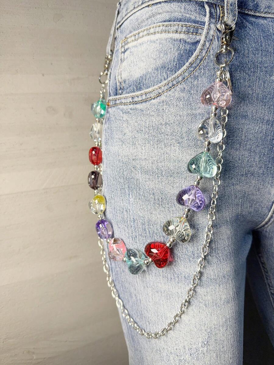 1pc Heart-Shaped Artificial Crystal Double Layer Chain Waist Chain Punk Hip Hop Unisex Pocket Chain Keychain Wallet Chain Luxury Accessory Holiday Gift - Multicolor - View 1