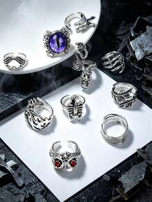 10 Pcs Vintage Gothic Punk Rings For Men Women, Adjustable Open Silver‑Tone Ring Set, Demon Eye Snake Dragon Scorpion Rings, Halloween Party Jewelry - Vintage Punk Ring - View 5