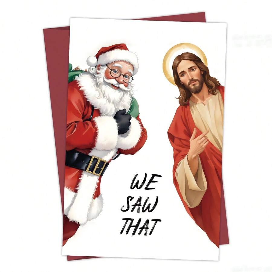 1pc Funny Santa & Jesus Christmas Card With Envelope - 'We Saw That' Festive Christmas Card For Friends And Family, Holiday Greeting Card, Christmas Wishes Card, Christmas Gift - A - View 1
