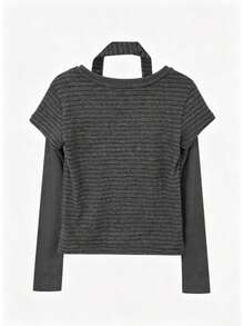 Korean Vintage Patchwork Striped 2 In 1 Long Sleeve Turtleneck Top For Women, Knitted Base Layer Autumn Innerwear - Dark Grey - View 2