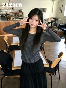 Korean Vintage Patchwork Striped 2 In 1 Long Sleeve Turtleneck Top For Women, Knitted Base Layer Autumn Innerwear - Dark Grey - View 9