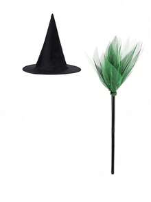 Women Halloween Witch Costume Accessory Set, Pointed Witch Hat & Tulle Broom Prop, Cosplay Fancy Dress Supplies For Halloween Party Masquerade - Multicolor - View 6