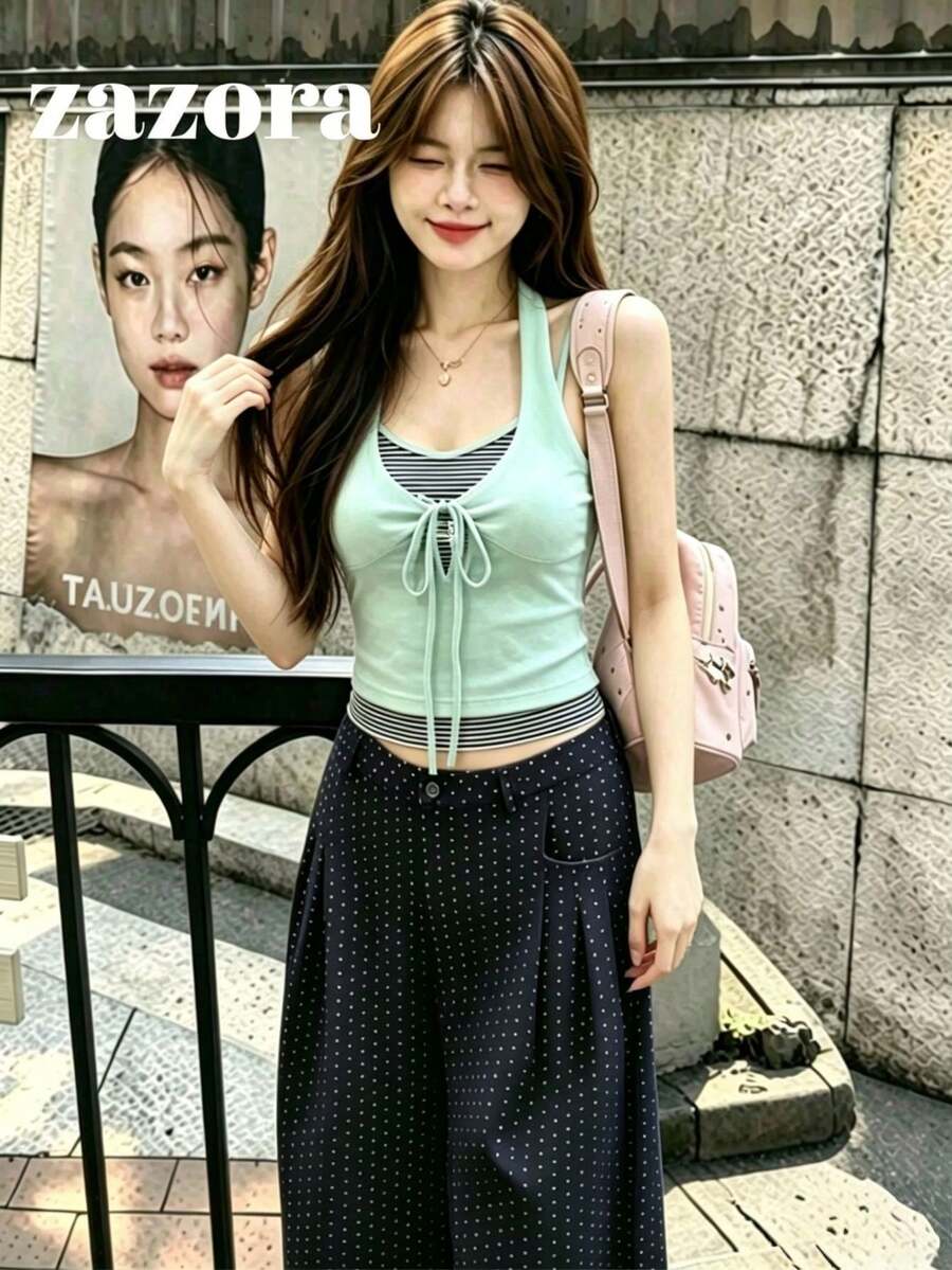 條紋拼接 2 合 1 吊帶背心,設計感修身短版夏季女款上衣 - 綠色 - 查看 1