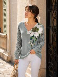 Elegant Floral Print V-Neck Long Sleeve Sweater, Versatile For Spring, Summer, Autumn, Winter, Bohemian Style, Travel Vacation Fall - Light Blue - View 9