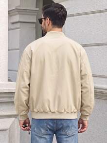 Casual Khaki Pilot Jacket With Stand Collar, Full Zip, Lightweight Ribbed Hem And Cuffs, Slanted Pockets, Suitable For Spring And Autumn Daily Wear - Beige - View 3