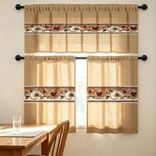 2pcs/1pc Kitchen Curtain Set, Khaki Solid Base Vintage Scroll Floral Border Stripe Pattern Printed Curtain Combination, 2D Flat Print, Pole Pocket Layered Curtain, Suitable For Kitchen, Restaurant, Home Decoration, Window Curtain Decor - Multicolor - View 1