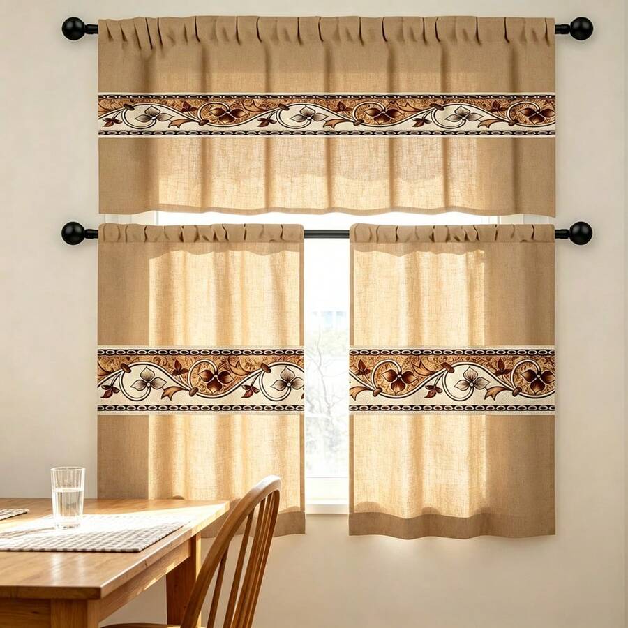 2pcs/1pc Kitchen Curtain Set, Khaki Solid Base Vintage Scroll Floral Border Stripe Pattern Printed Curtain Combination, 2D Flat Print, Pole Pocket Layered Curtain, Suitable For Kitchen, Restaurant, Home Decoration, Window Curtain Decor - Multicolor - View 1
