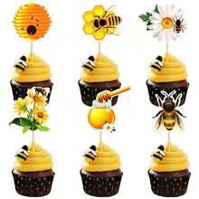 7pcs Bee & Daisy Happy Birthday Cake Toppers, DIY Bee Cupcake Decorations, Suitable For Bee Theme Birthday Party, Baptism Party, Gender Reveal Party And Anniversary Party Cake Decoration - Multicolor - View 6