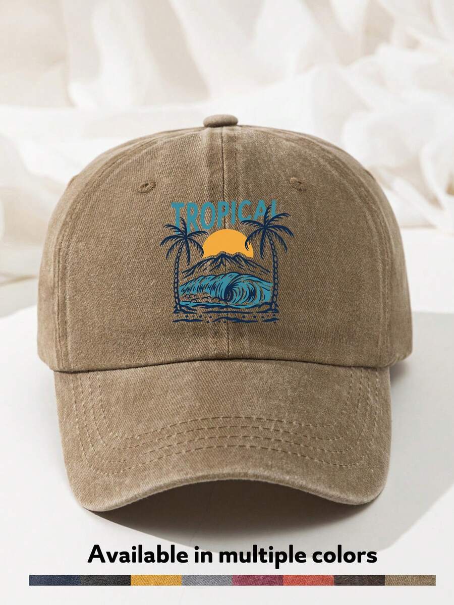 1pc Vintage Washed Baseball Cap For Men Women, Tropical Surf Printed Polyester Dad Hat, Distressed Retro Trucker Cap Outdoor Sun Beach Hat - A - View 1