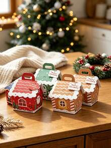 24Pcs Christmas House‑Shaped Gift Boxes, Xmas Candy Cookie Treat Boxes With Handle & Hang Tag, Winter Holiday Paper Goodie Containers For Party Favor Decoration - View 6