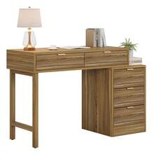 LITTLE TREE Computer Desk With 5 Drawers, Reversible Small Writing Desk With Storage, Vintage Wooden Study Table Office Workstation For Home Office, Small Spaces, Walnut Brown - Light Brown - View 9