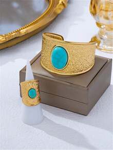 2pcs/Set European & American Fashion Exaggerated Faux Pearl Ring & Open Cuff Bracelet Jewelry Set For Women - Yellow Gold - View 5
