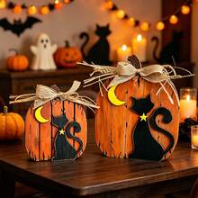 1/2pcs 3D Wooden Pumpkin & Black Cat Figurine Set, Vintage Halloween Desktop Decor, Freestanding Pumpkin Cat With Burlap Bow, Suitable For Tiered Tray, Fireplace Mantel, Indoor Home Party Decoration - Multicolor - View 2