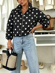 Fashion Drawstring Stand Collar Loose Drop Shoulder Polka Dot Short Jacket - Black - View 4