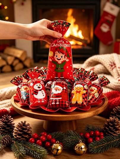 1/25/50/100 Christmas Gift Bags With Cartoon Santa And Reindeer Patterns, Gift Packaging Supplies For Christmas Parties, Christmas Decorations, Christmas Gifts, Christmas Ornaments, New Year Decorations