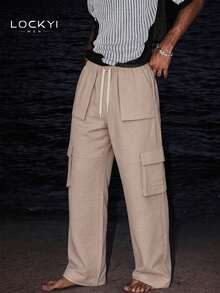 1pc Men's Japanese Cargo Style Style Linen Texture Multi-Pocket Wide Leg Casual Loose Fit Straight Leg Pants - Apricot - View 3