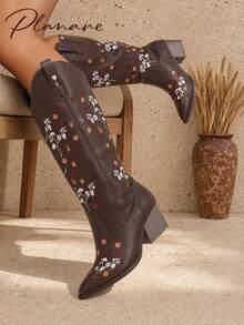 planare New Women's Popular Fashion Retro Western Style With Embroidered Floral Design Slip-On Pointed Toe Chunky Heel Brown Mid-Calf Boots - Brown - View 1