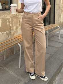 Women's Khaki High Waist Wide Leg Pants Solid Color Button Fly Casual Loose Trousers With Pockets - Khaki - View 4