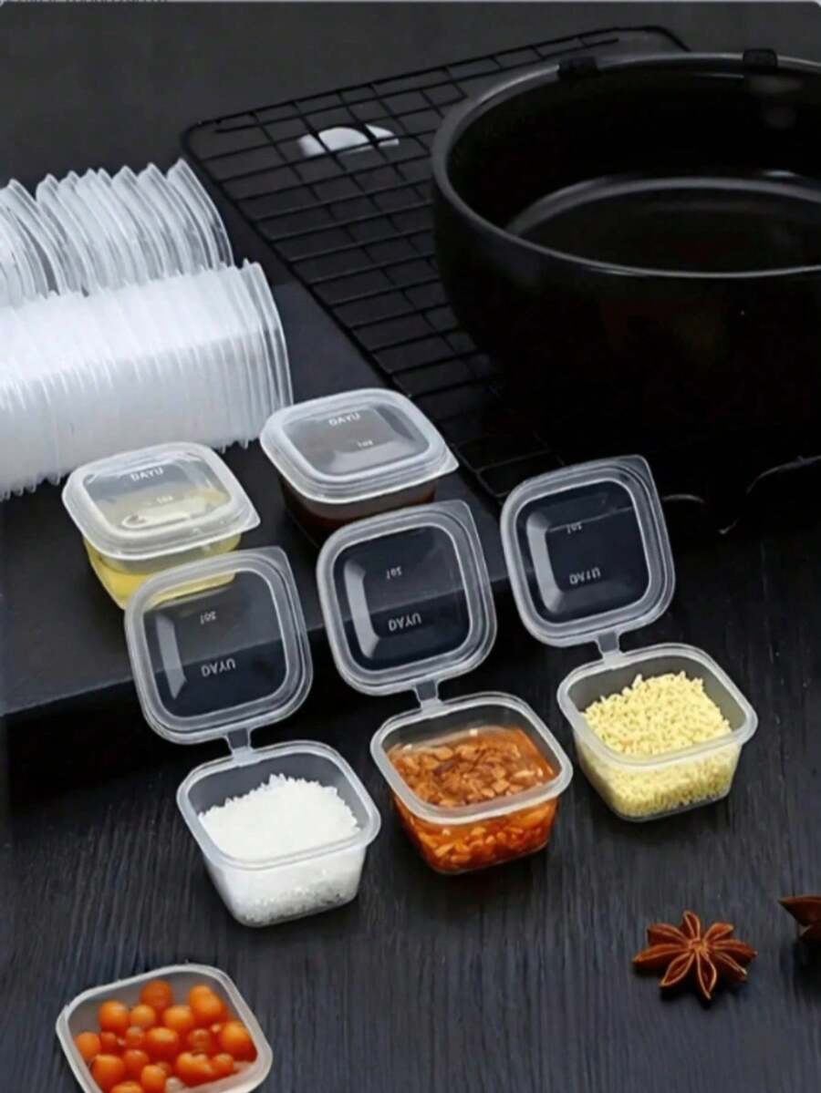 25ml/50ml/75ml/100ml 方形透明醬料儲存杯附蓋，迷你儲存容器，適用於醬料、果醬與香料，適合露營、辦公室、野餐、學校、廚房收納及配件使用