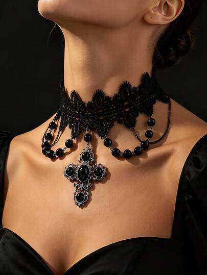 1pc Women's Black Lace Multi-Layer Beaded Cross Pendant Necklace, Hollow Lace Beaded Cross Pendant Neck Decor, Vintage Gothic Collarbone Choker Necklace, Suitable For Halloween Costume Party Wear