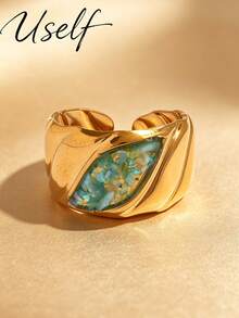 Uself 5pcs/1pc Cincin Lebar Bertekstur Vintage, Desain Alur Mata Kuda Cangkang Hancur Multi-Warna, Cincin Jari Telunjuk Mewah Kelas Atas yang Dapat Diatur - MultiWarna - View 7