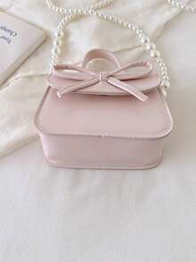 1 buah Tas Tangan Anak Perempuan Motif Pita Warna Polos Bahan PU dengan Penutup Magnet dan Tali Rantai Mutiara, Cocok untuk Penggunaan Sehari-hari di Semua Musim - A - View 7