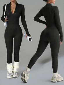 Women's Long Sleeve Zipper Fitted Jumpsuit, High Elastic Design, Slimming And Flattering, Comfortable And Skin-Friendly, Suitable For Daily Wear And Sports - Black - View 3