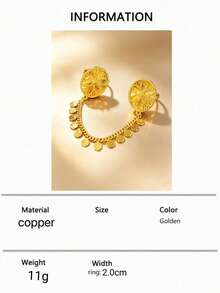 1pc Fashion Women's Gold-Plated Vintage Floral Chain Disc Tassel Double Finger Ring, Saudi Arabian Middle Eastern Dubai European American African Bridal Wedding Dress Accessory, Thanksgiving Christmas Valentine's Day Date Holiday Gift - Yellow Gold - View 5