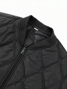 Men's Diamond Quilted Aviator Jacket, Ribbed Baseball Collar Zip-Up Lightweight Padded Outerwear, Casual Long Sleeve Jacket Suitable For Autumn/Winter Daily Wear - Black - View 5