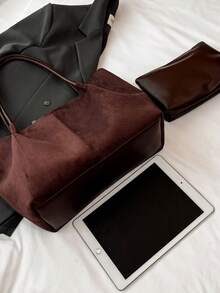 Large Tote Bag, Smooth Leather, Extended Hand Carry & Shoulder Strap, Vertical Seam Detail, Open Top Design, Soft & Casual Silhouette, Matte Frosted Texture, Large Capacity, Minimalist Style, No Extra Hardware, Gentle Feminine Aesthetic, Shoulder, Fits Books & Tablets, Commuting & Shopping - Coffee - View 3