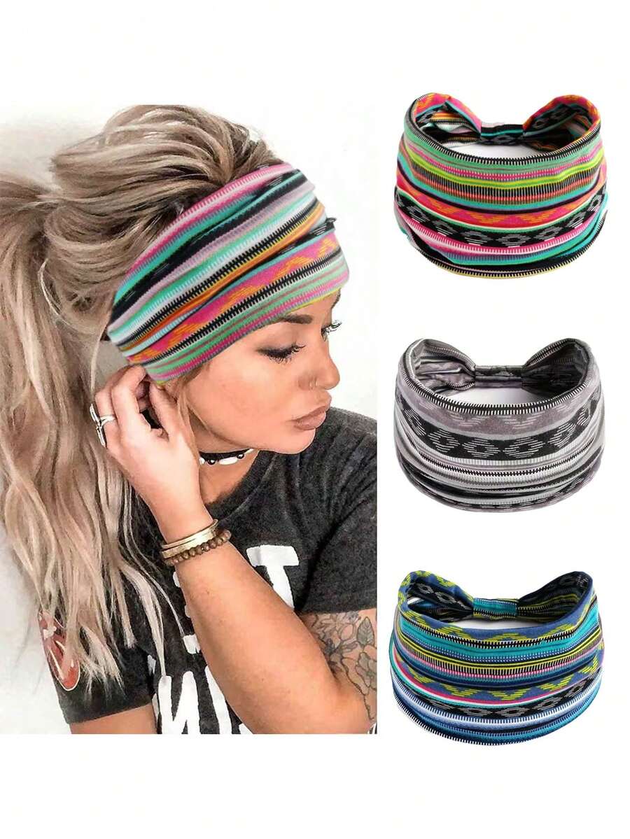 Bohemian Style Women's Wide Elastic Headband, Knotted Elastic Headband Sweatband, Suitable For Daily Wear Bohemian Style Hair Accessories - Color Stripes - View 1