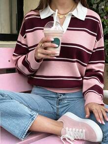 Women's Colorblock Casual Versatile Daily Wear Long Sleeve Sweater - Camellia Pink & Purple-red - View 1