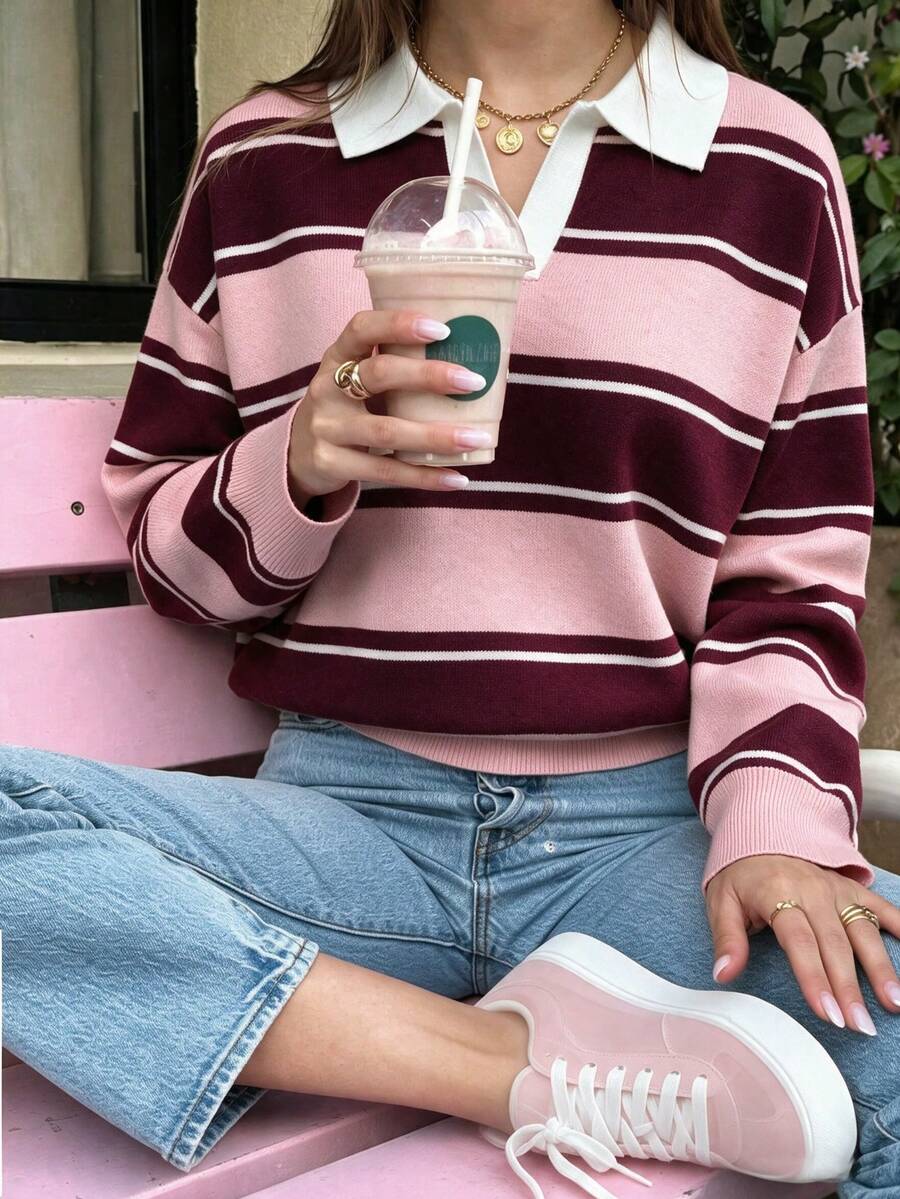 Women's Colorblock Casual Versatile Daily Wear Long Sleeve Sweater - Camellia Pink & Purple-red - View 1
