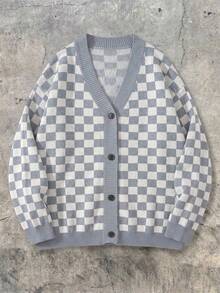 Teen Boys Grey Blue Checkerboard V-Neck Knit Cardigan, Loose Fit Dropped Shoulder Single-Breasted College Style Sweater, Spring/Autumn - Grey - View 7