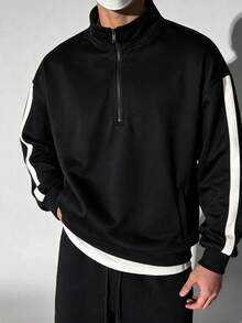 Men's Black & White Side Stripe Half-Zip Stand Collar Sweatshirt, Faux Layered Casual Pullover Top - Black - View 2