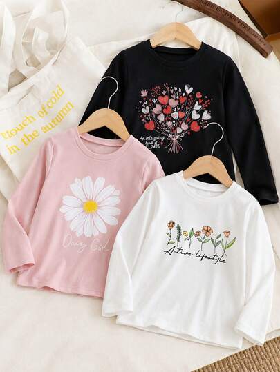 3pcs/Set Autumn/Winter Girls Fashion Casual Knitted Floral Print Round Neck Long Sleeve T-Shirts